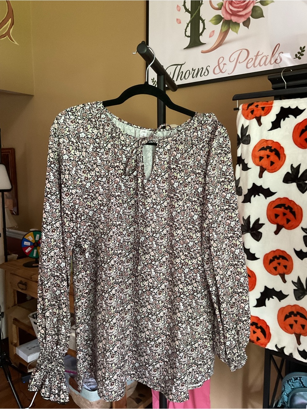 Women's Floral Long-Sleeve Peasant Blouse - Pink and Black